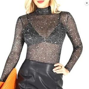 NWT Mangopop Black Mesh Sheer Sparkly Silver Star Long Sleeve Turtleneck Top L